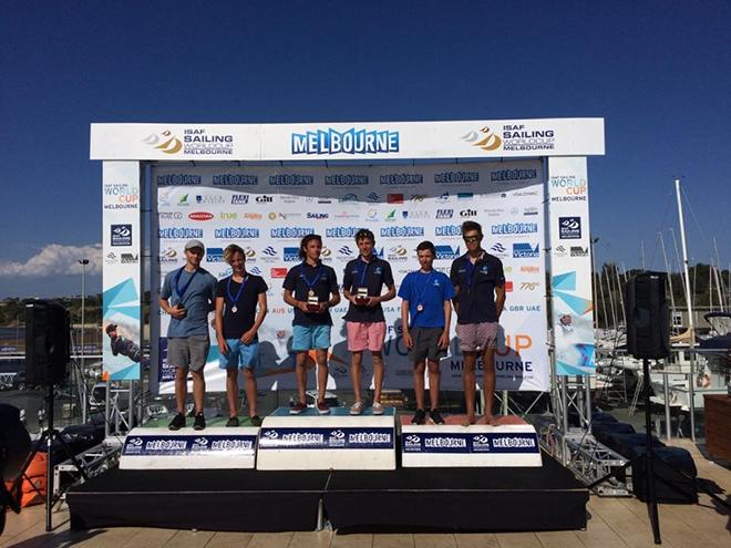 Tom Siganto and Kyle O’Connell on the podium at Sail Melbourne, Second place © Bronwen Hemmings